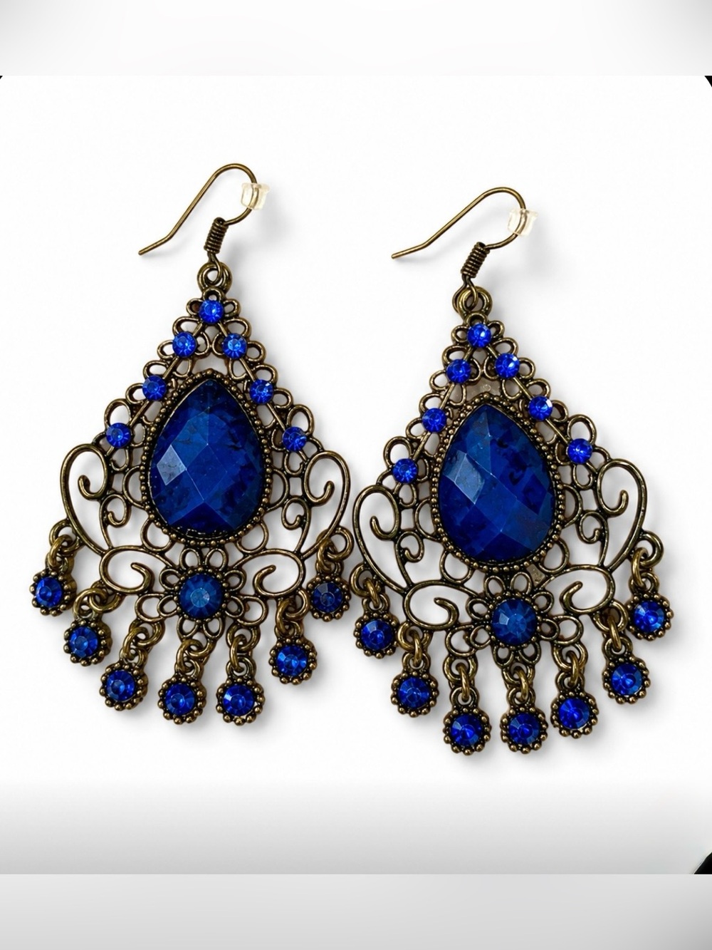 VINTAGE Blue Chandelier Earrings Boho Filigree Teardrop Statement Dangle
